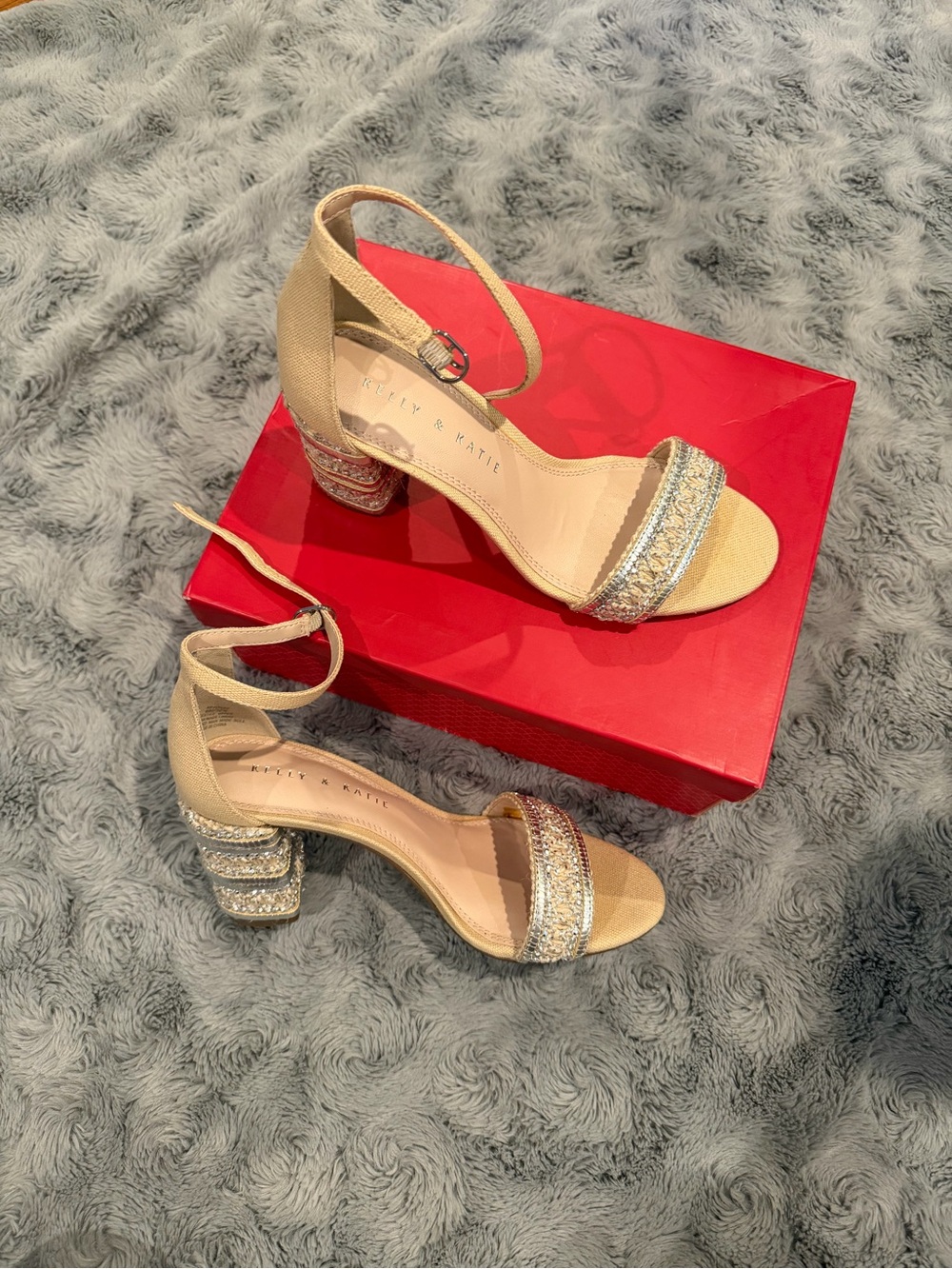 Sparkling Silver Block Heel Sandals with Ankle Strap
